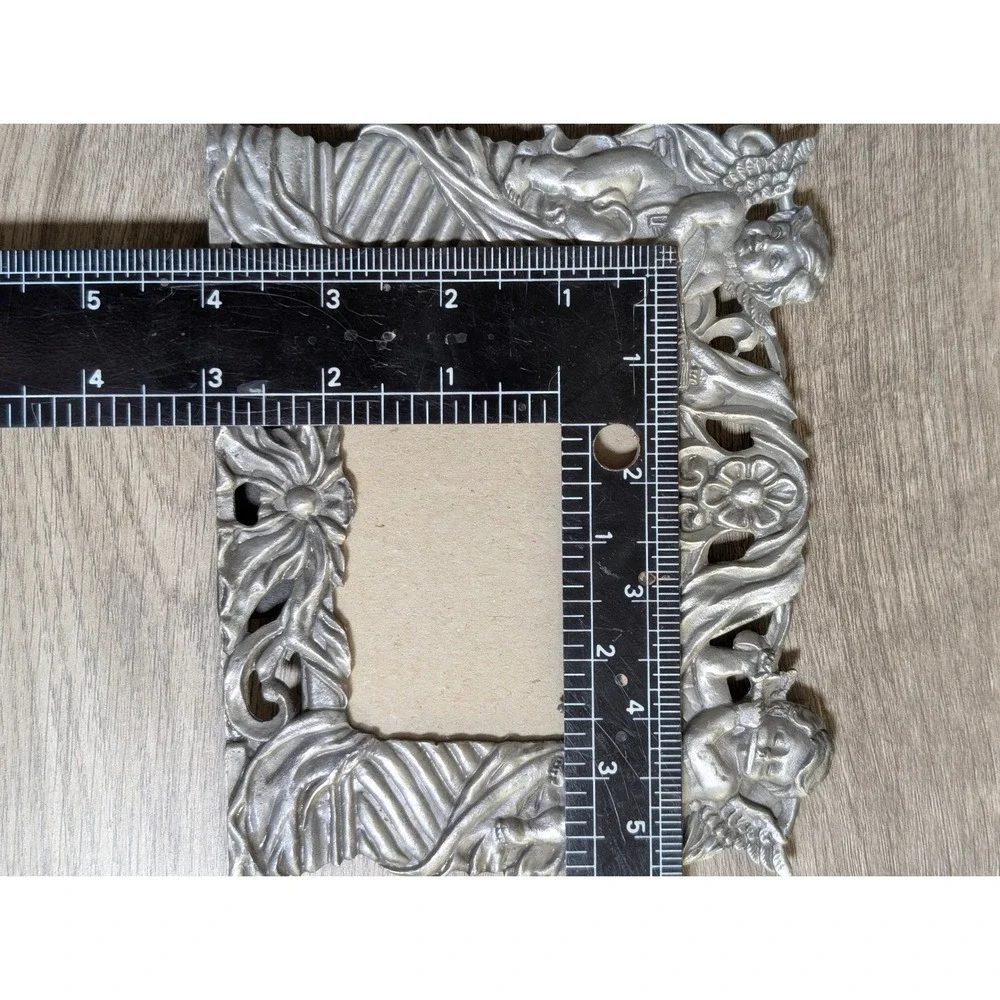 Vintage Ornate Cherub Angel‎ Silver Pewter Style Picture Frame Tabletop Decor